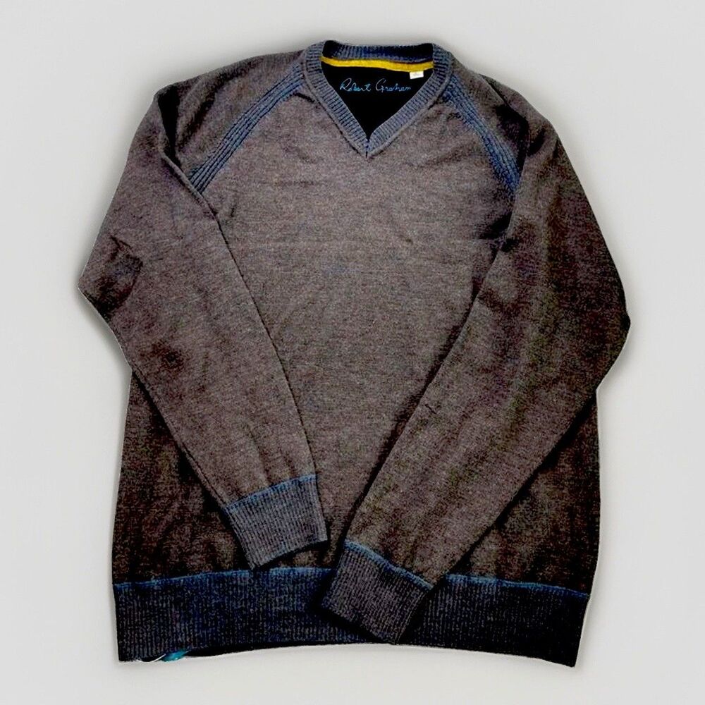 Robert Graham Sweater Men’s Large Brown Blue Stitch  V-Neck Classic Fit Wool